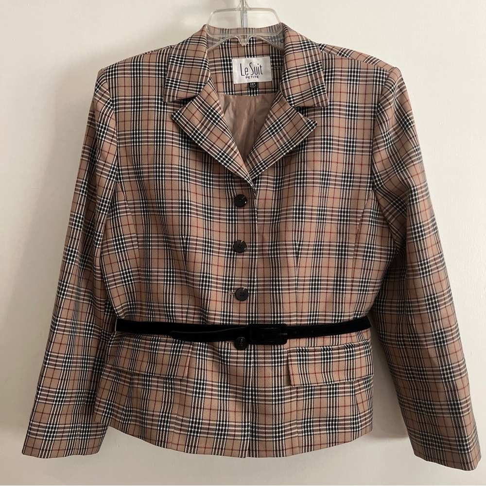 Le Suit Jacket Plaid Blazer 14P Beige/black/white/red & brown belt